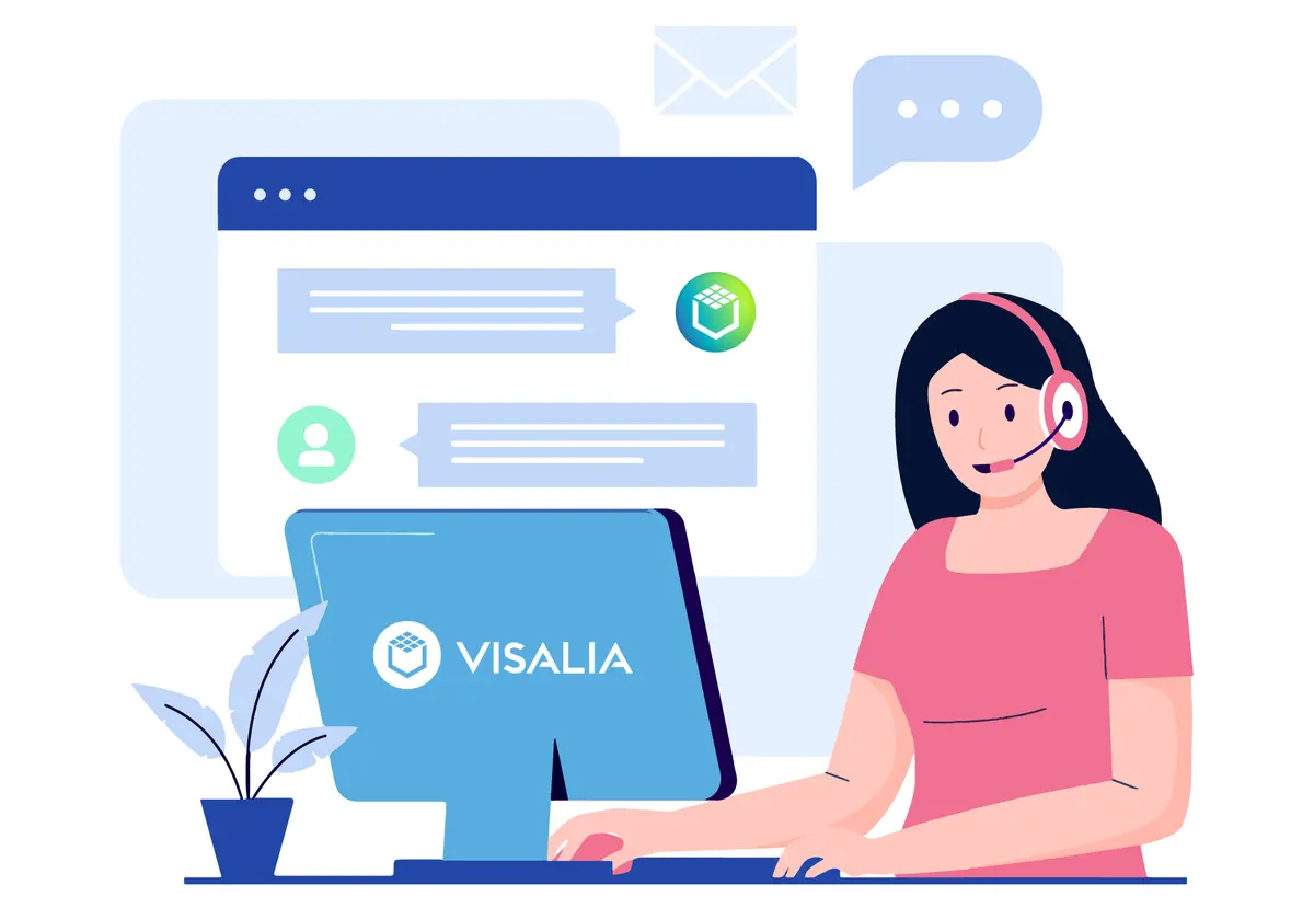 ilustración Mujer teleoperadora con logo Visalia. Tecnologia ino cx